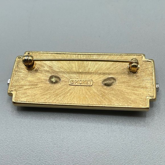Vintage Signed MONET Pin Brooch Art Deco Inspired Black Enamel Over Gold Tone - Picture 11 of 14